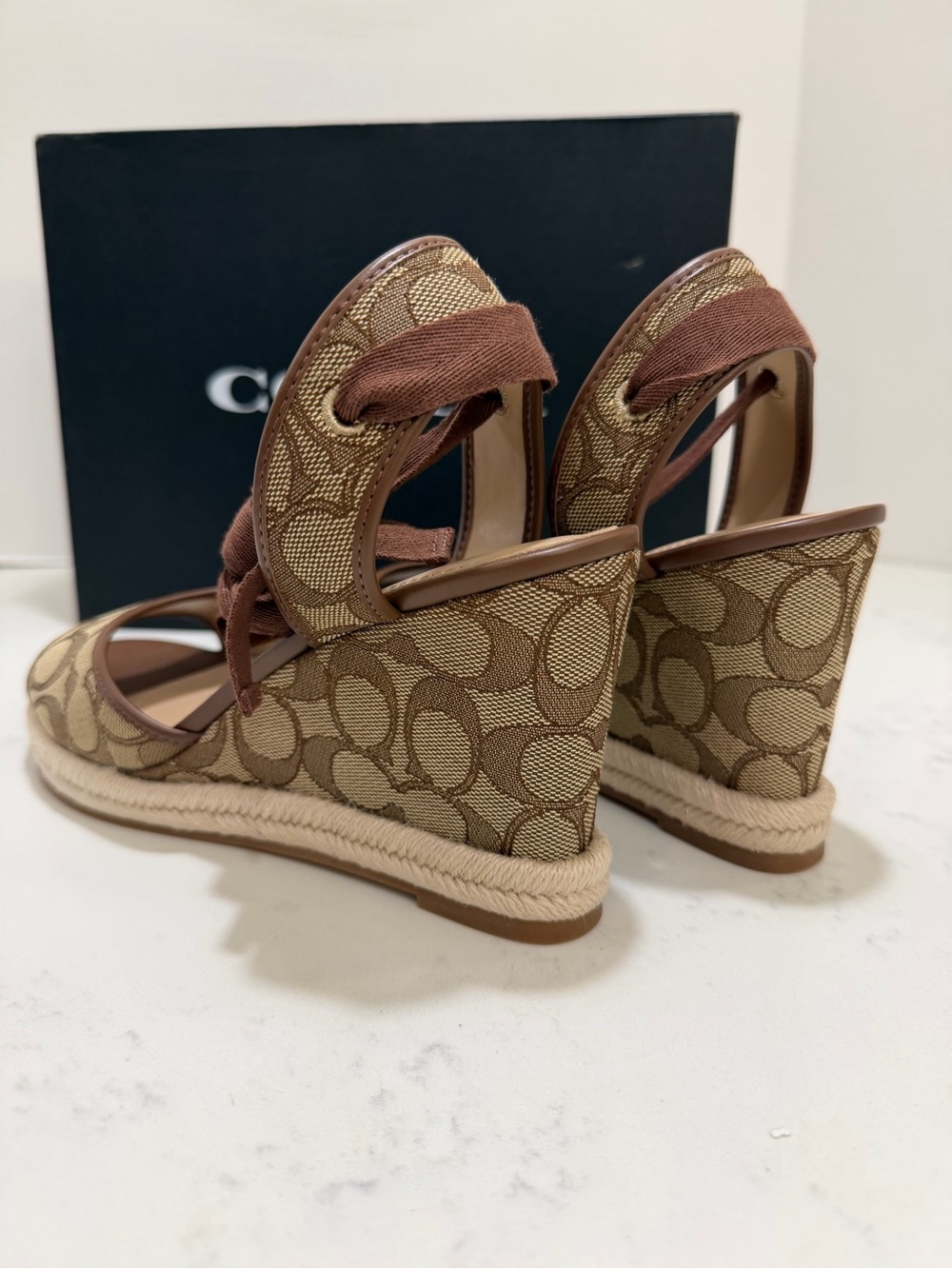 Coach Monogram Ankle-Tie Espadrille Wedges in Brown - Picture 4 of 10